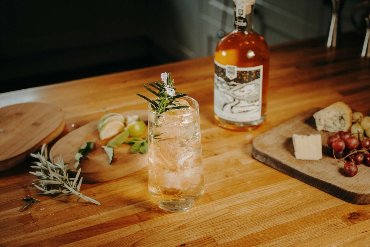 Product photography shot of a cocktail in an ice-filled glass. Shot for Hive Mind Mead & Brewing Co.